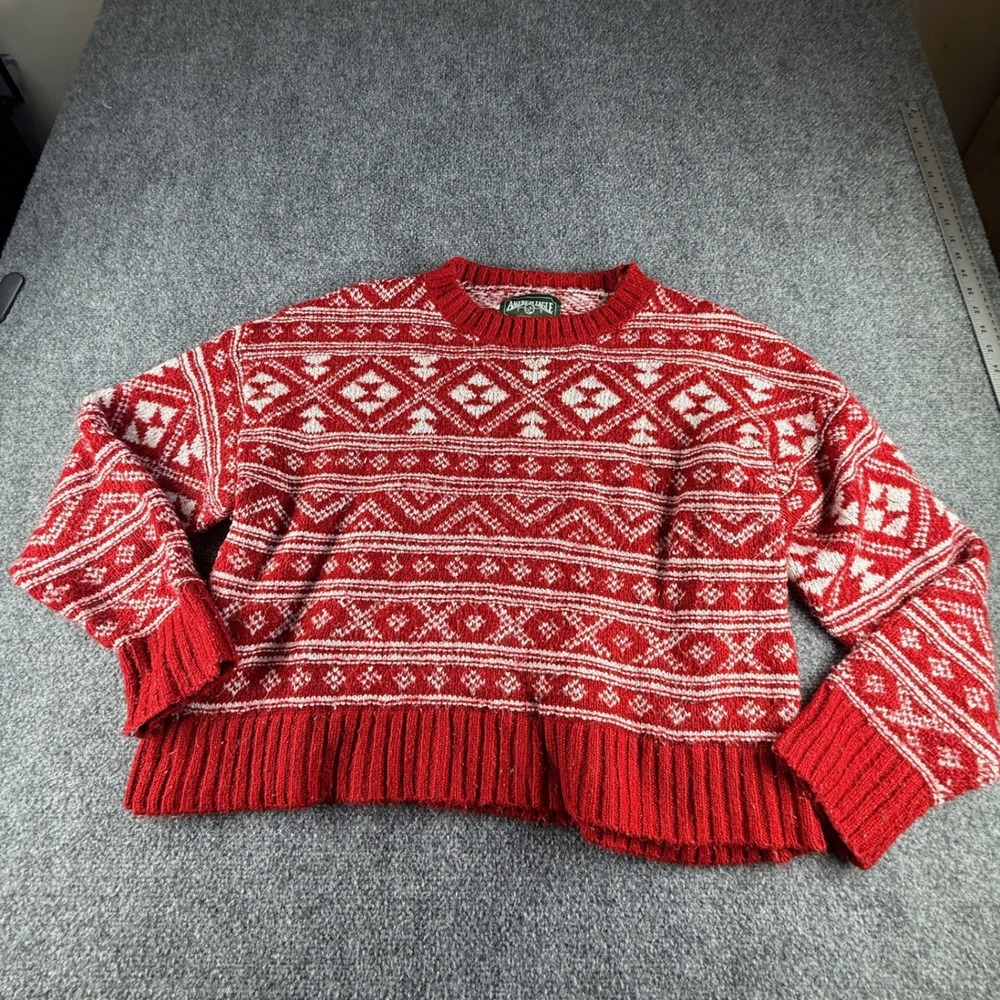American Eagle Red White Fair Isle Knit Crewneck Sweater XL Relaxed Fit Retro